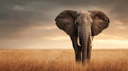 Obraz premium Majestic Elephant Standing Tall in Golden Grass Against a Serene Sunset Backdrop in the Savanna