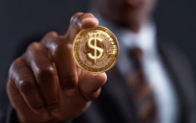 Hand holding glowing golden digital currency coin with dollar symbol.