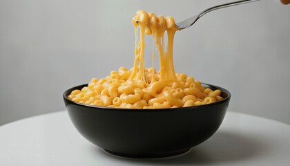 Vibrant Mac n Cheese Spirals in Black Bowl with Fork