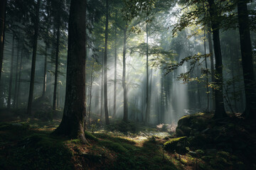 serene woodland walk, tranquil foggy forest scene with dappled sunlight filtering through trees