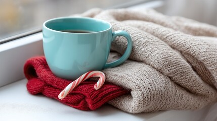 A warm cup sits on a windowsill with gloves, a cozy sweater, and festive decor, creating a tranquil winter vibe