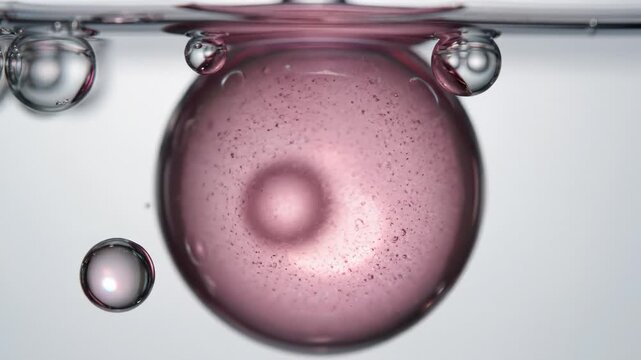 Pink Colored Bubble Rising to Surface of Clear Liquid Slowly