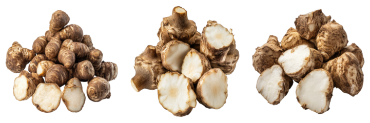 Freshly harvested Jerusalem artichokes, showcasing their unique textures and shapes. The artichokes are arranged in a visually appealing composition, offering a glimpse into the natural form