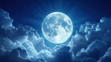 Fototapeta premium A radiant full moon glows brightly in a dark blue sky, framed by fluffy, illuminated clouds