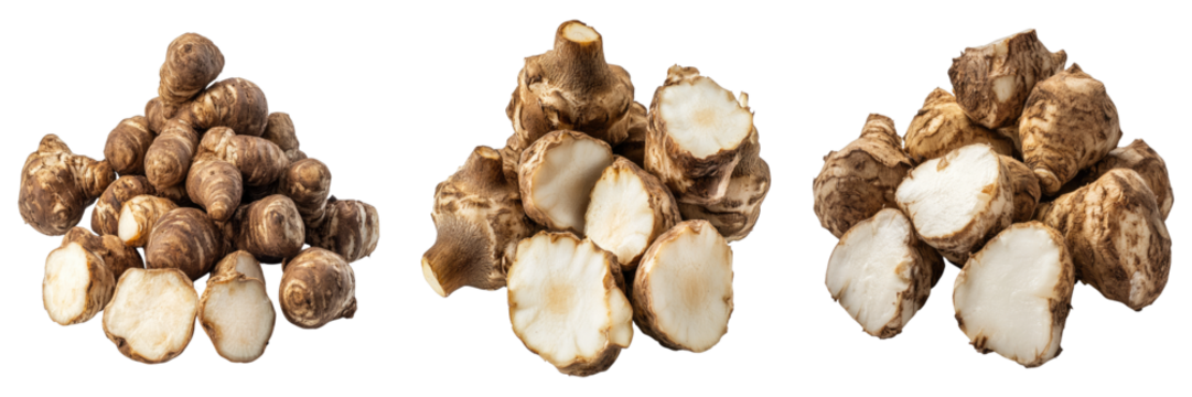 Freshly harvested Jerusalem artichokes, showcasing their unique textures and shapes. The artichokes are arranged in a visually appealing composition, offering a glimpse into the natural form
