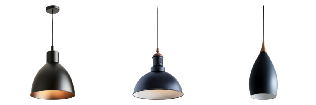 A group of modern black pendant lights with elegant designs hanging from the ceiling. They bring a touch of style and warmth to a space