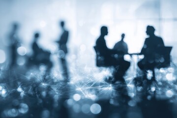 Silhouettes of business people meeting with digital network overlay