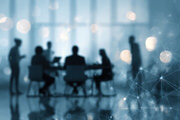Silhouettes of people meeting overlaid with abstract network graphic