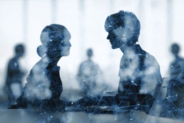 Silhouettes of business people overlaid with digital network graphics
