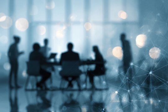 Silhouettes of people meeting overlaid with abstract network graphic