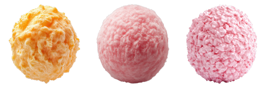 Three colorful scoops of ice cream, perfect for a hot summer day. Each scoop presents a unique texture and vibrant color, promising a delightful treat