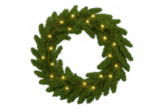 Christmas wreath with glowing yellow string lights, evergreen spruce branches creating festive holiday decoration