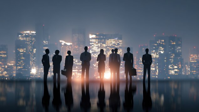 Business people silhouettes stand against a glowing nighttime city skyline reflection.