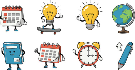 Cartoon-style educational icons with expressive faces, vector illustration for school materials, office tools, and editorial learning content