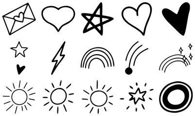 Cute Hand Drawn Doodle Set of Sun, Hearts, Rainbows, Stars, and Envelope | Minimal Vector Line Art Elements for Stickers, Journals, Scrapbooks, Kids Designs, Cards, Social Media, and Aesthetic Decor