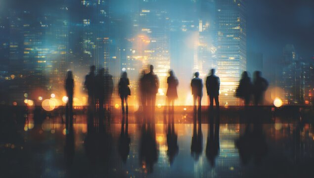 Silhouetted figures stand against a blurry neon city skyline at night.