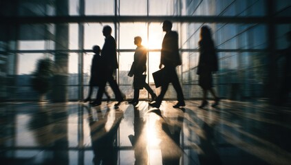 Silhouettes of business people walking quickly through a modern sunlit lobby.