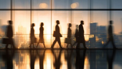 Silhouettes of business people walking past large windows at sunset.