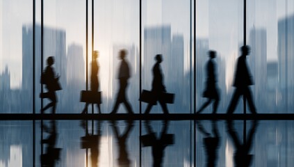 Silhouettes of business people walking past tall city windows at sunrise