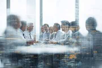 Business meeting overlaid with city skyscraper reflection double exposure.