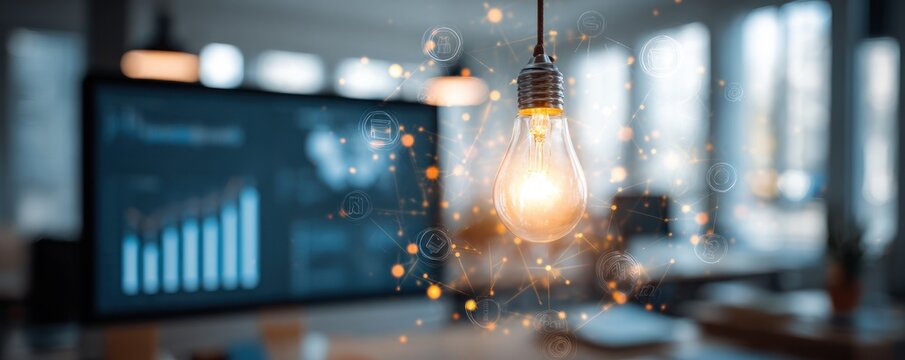 Glowing lightbulb symbolizes idea above blurred office screen and digital network.