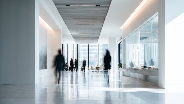 Blurred people walk through a bright modern office building lobby. - Powered by Adobe