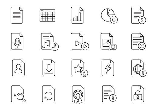 Modern business document icons represent data, finance, media, and security for digital workflows