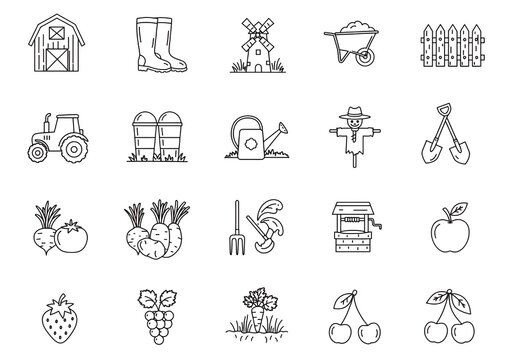 Charming farm icons capture rural life, harvest bounty, and gardening essentials for your projects