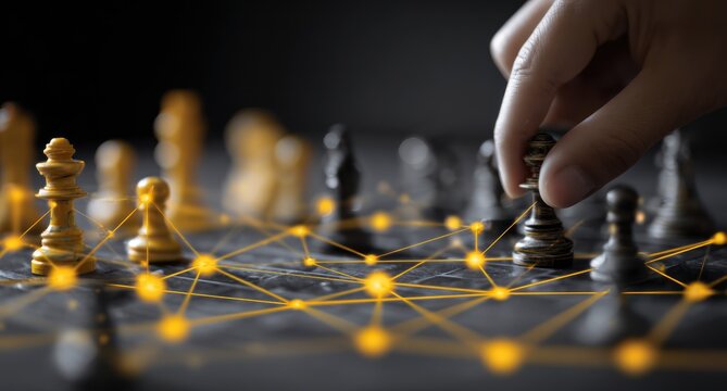 Hand moves dark chess piece over glowing network overlay