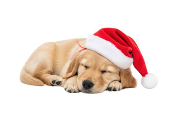 Adorable golden retriever puppy sleeping soundly with a red and white santa hat on its head, a heartwarming image for the holidays isolated on transparent background