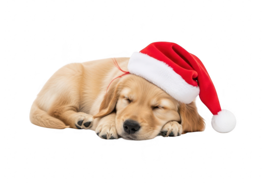 Adorable golden retriever puppy sleeping soundly with a red and white santa hat on its head, a heartwarming image for the holidays isolated on transparent background