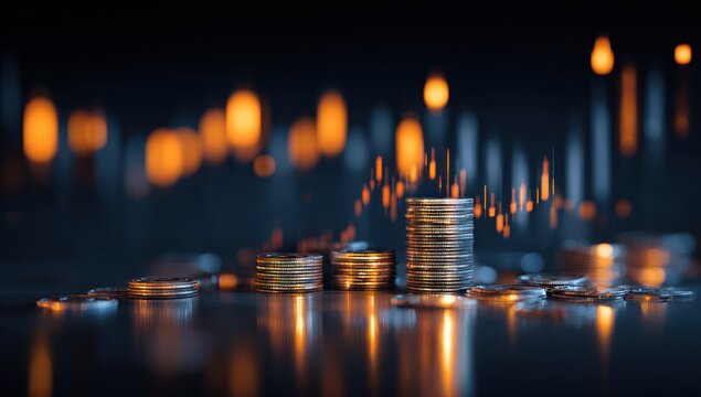 Stacks of metallic coins reflecting orange and blue light on a dark surface.