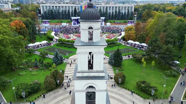Chisinau Moldova, Cathedral Park Bell Tower and Crowd, 9 October 2024