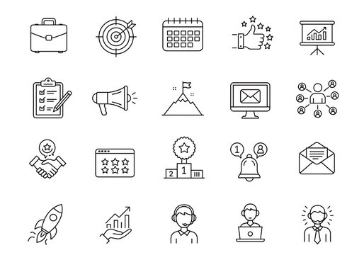 Modern business icons convey success, strategy, communication, and teamwork for professional projects.