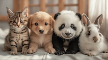 baby animal friendly sitting together, rabbit hare, panda cub, puppy dog, kitten cat