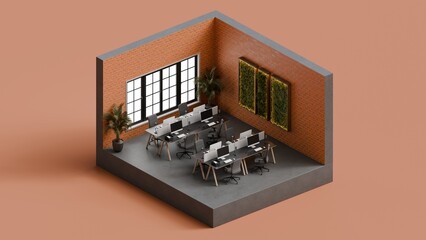 Modern Isometric Office Workspace Interior with Workstations - 3D Render
