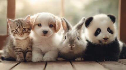 baby animal friendly sitting together, rabbit hare, panda cub, puppy dog, kitten cat