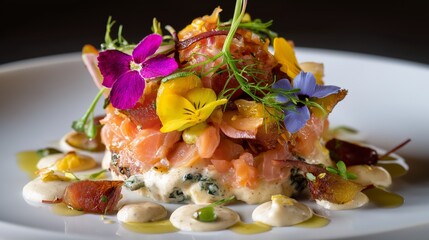 salmon fillet with flowers and cream cheese , close up fine dining dish look healthy and beautiful 