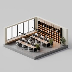 Modern Isometric Office Workspace Interior with Workstations - 3D Render
