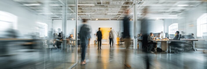 Busy modern office interior with motion blurred people and glass partitions.