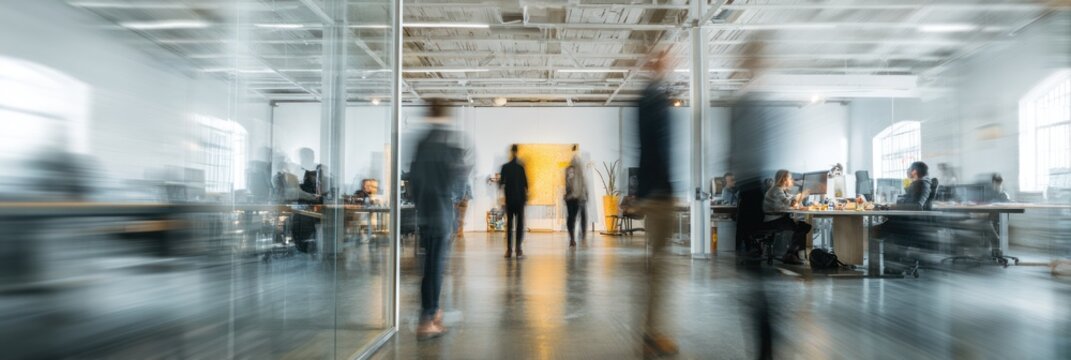 Busy modern office interior with motion blurred people and glass partitions.