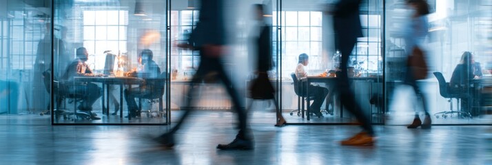 Blurred office workers moving past glass partitions with bright windows.