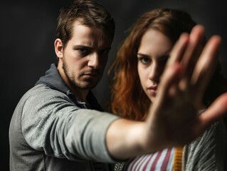 Obraz premium Young man and woman looking sternly at camera with hand out in a stop gesture. Powerful imagery for domestic violence awareness, consent, and collective refusal.