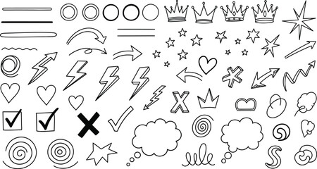 Doodle Symbols Set on Transparent Background Arrows, Hearts, Crowns, Stars, Lightnings