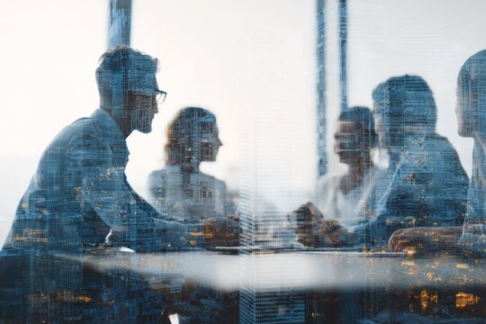 Business meeting silhouettes double exposed with city skyscrapers at night - Powered by Adobe