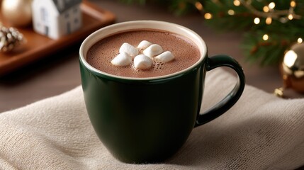 A cozy scene featuring a mug of hot cocoa topped with marshmallows next to a wrapped gift on a knitted blanket