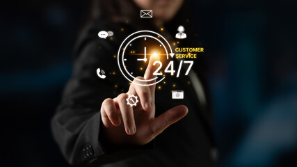 Concept of 24-hour customer service. Providing constant, non-stop support and assistance through multiple channels like phone, email, and chat for customer satisfaction. Fermion