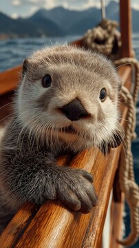 close up face of cute otto on on wooden row boat look funny 
