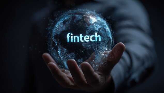 Hand holding glowing digital globe with fintech word