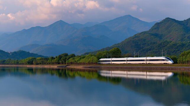 speed train passing by lake reflecting on it 